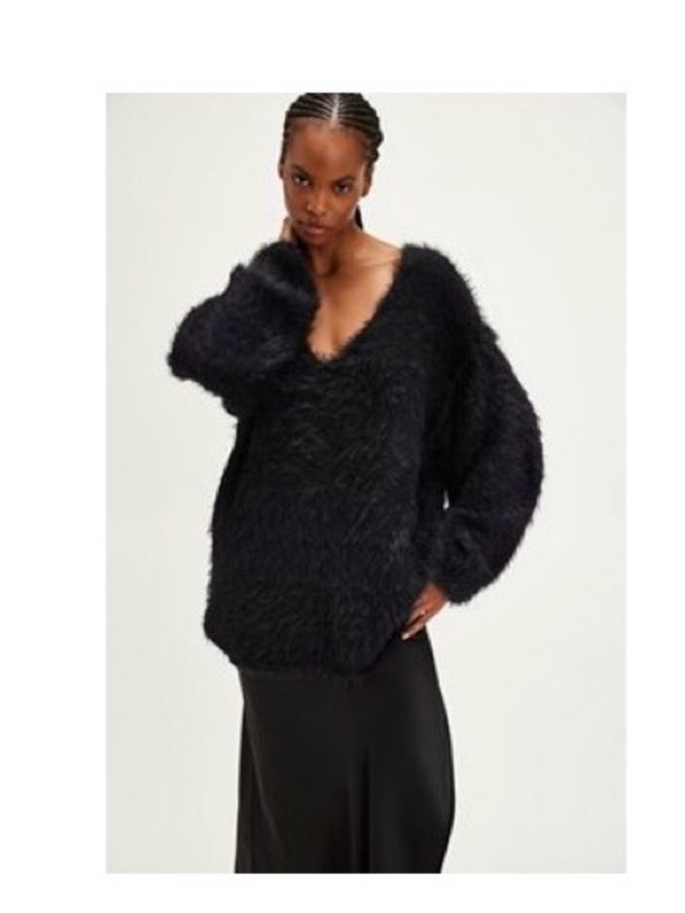 Black Fuzzy V‑Neck Women's Sweater